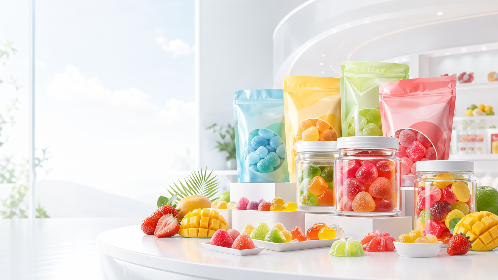 Bright candy showroom display with colorful jelly and gummy packaging.